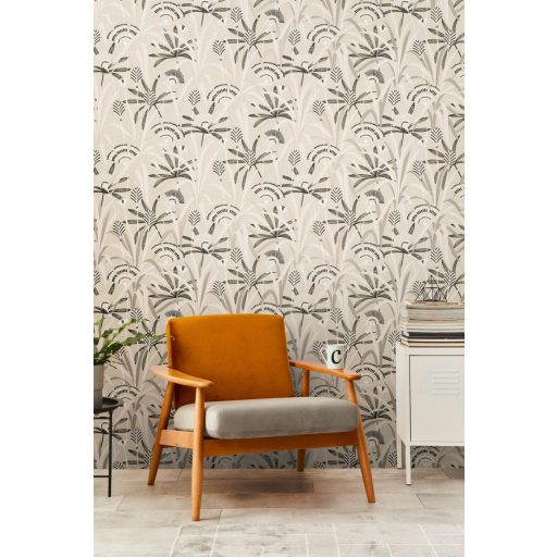 Változatos levelek grafikus mintája Art deco jegyekkel világosszürke fehér fekete és ezüst enyhe fény tapéta