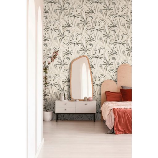 Változatos levelek grafikus mintája Art deco jegyekkel világosszürke fehér fekete és ezüst enyhe fény tapéta