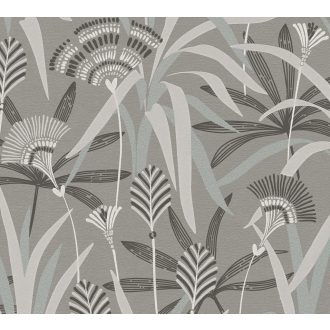   Változatos levelek grafikus mintája Art deco jegyekkel szürke fehér fekete világosszürke és ezüstös zöld enyhe fény tapéta