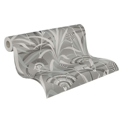 Változatos levelek grafikus mintája Art deco jegyekkel szürke fehér fekete világosszürke és ezüstös zöld enyhe fény tapéta