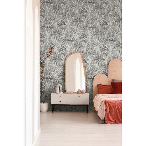 Változatos levelek grafikus mintája Art deco jegyekkel szürke fehér fekete világosszürke és ezüstös zöld enyhe fény tapéta