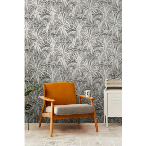 Változatos levelek grafikus mintája Art deco jegyekkel szürke fehér fekete világosszürke és ezüstös zöld enyhe fény tapéta