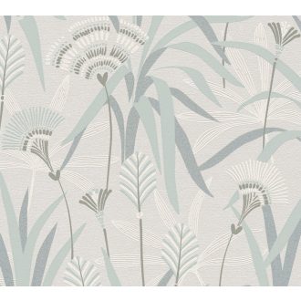   Változatos levelek grafikus mintája Art deco jegyekkel világosszürke zöld olívzöld/szürkészöld és ezüst enyhe fény tapéta