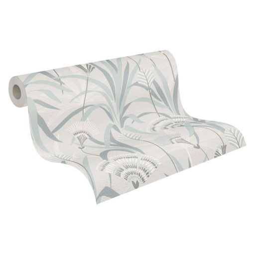 Változatos levelek grafikus mintája Art deco jegyekkel világosszürke zöld olívzöld/szürkészöld és ezüst enyhe fény tapéta