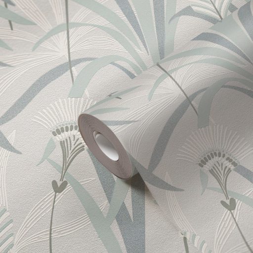 Változatos levelek grafikus mintája Art deco jegyekkel világosszürke zöld olívzöld/szürkészöld és ezüst enyhe fény tapéta