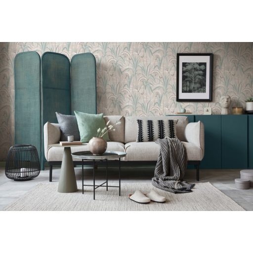 Változatos levelek grafikus mintája Art deco jegyekkel világosszürke zöld olívzöld/szürkészöld és ezüst enyhe fény tapéta