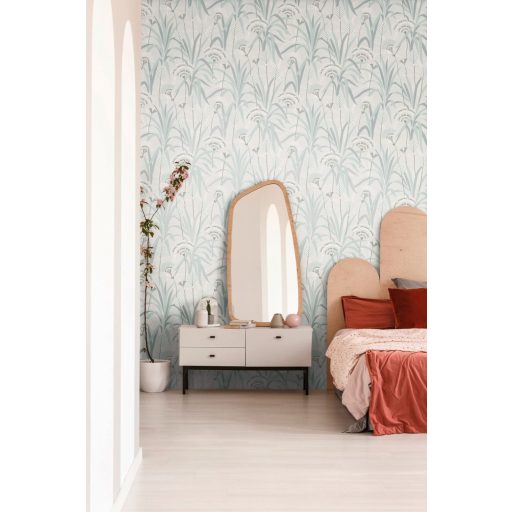 Változatos levelek grafikus mintája Art deco jegyekkel világosszürke zöld olívzöld/szürkészöld és ezüst enyhe fény tapéta