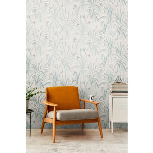 Változatos levelek grafikus mintája Art deco jegyekkel világosszürke zöld olívzöld/szürkészöld és ezüst enyhe fény tapéta