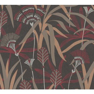   Változatos levelek grafikus mintája Art deco jegyekkel antracit bordópiros barna fehér és rézszín enyhe fény tapéta