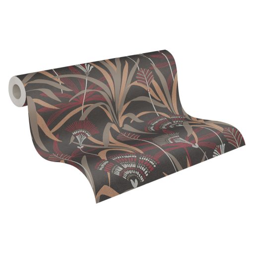 Változatos levelek grafikus mintája Art deco jegyekkel antracit bordópiros barna fehér és rézszín enyhe fény tapéta