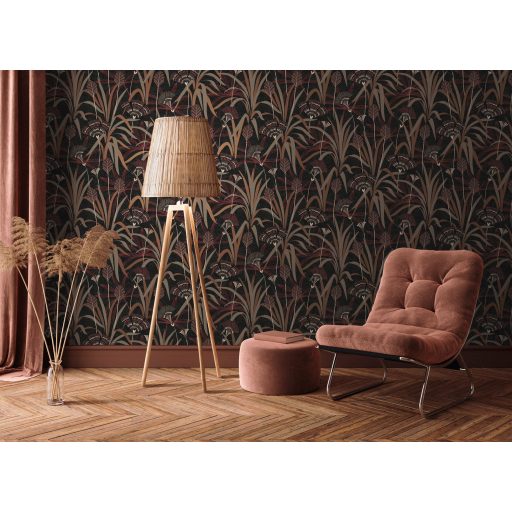 Változatos levelek grafikus mintája Art deco jegyekkel antracit bordópiros barna fehér és rézszín enyhe fény tapéta