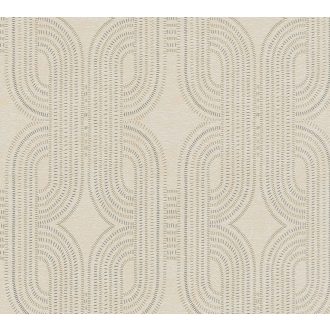   Apró elemekből álló ívelt négyzetek kapcsolódó grafikus mintája szürke/szürkésbézs szürke bézs és ezüst fémes fény tapéta