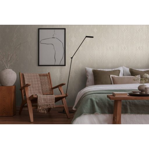 Apró elemekből álló ívelt négyzetek kapcsolódó grafikus mintája szürke/szürkésbézs szürke bézs és ezüst fémes fény tapéta