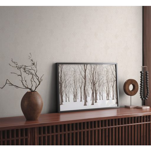 Apró elemekből álló ívelt négyzetek kapcsolódó grafikus mintája világosszürke bézs és fehérezüst fémes fény tapéta