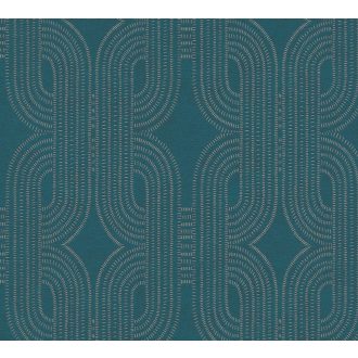   Apró elemekből álló ívelt négyzetek kapcsolódó grafikus mintája kék/zöldeskék/petrolkék és bézsarany fémes fény tapéta