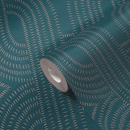 Apró elemekből álló ívelt négyzetek kapcsolódó grafikus mintája kék/zöldeskék/petrolkék és bézsarany fémes fény tapéta