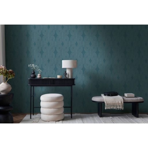 Apró elemekből álló ívelt négyzetek kapcsolódó grafikus mintája kék/zöldeskék/petrolkék és bézsarany fémes fény tapéta