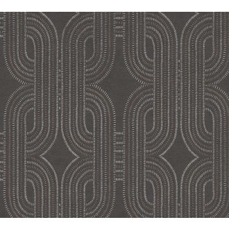   Apró elemekből álló ívelt négyzetek kapcsolódó grafikus mintája antracit bronz és ezüst fémes fény tapéta