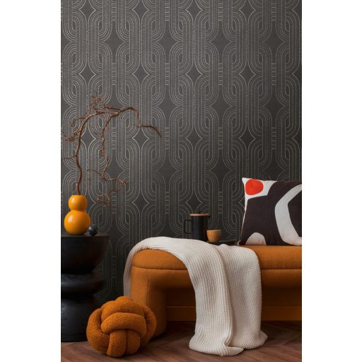 Apró elemekből álló ívelt négyzetek kapcsolódó grafikus mintája antracit bronz és ezüst fémes fény tapéta