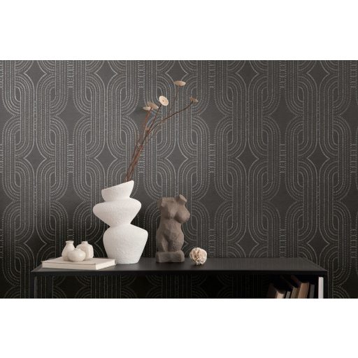 Apró elemekből álló ívelt négyzetek kapcsolódó grafikus mintája antracit bronz és ezüst fémes fény tapéta