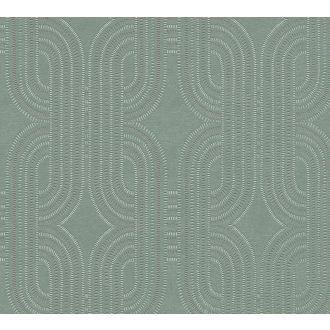   Apró elemekből álló ívelt négyzetek kapcsolódó grafikus mintája zöld/zsályazöld rézszín és ezüst fémes fény tapéta