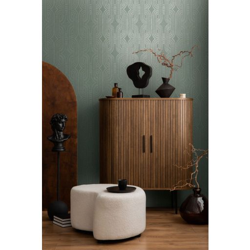 Apró elemekből álló ívelt négyzetek kapcsolódó grafikus mintája zöld/zsályazöld rézszín és ezüst fémes fény tapéta