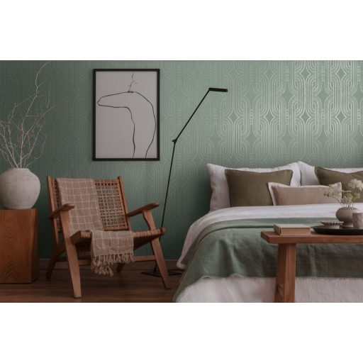 Apró elemekből álló ívelt négyzetek kapcsolódó grafikus mintája zöld/zsályazöld rézszín és ezüst fémes fény tapéta