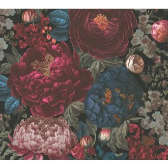   Vintage virágmintás design festményszerű részletgazdag kivitelezésben sötétzöld-fekete bordó-mélyvörös krémrózsaszín tengerkék tapéta
