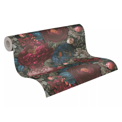 Vintage virágmintás design festményszerű részletgazdag kivitelezésben sötétzöld-fekete bordó-mélyvörös krémrózsaszín tengerkék tapéta