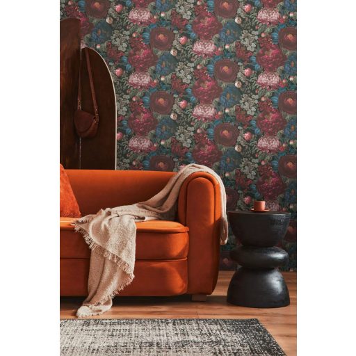 Vintage virágmintás design festményszerű részletgazdag kivitelezésben sötétzöld-fekete bordó-mélyvörös krémrózsaszín tengerkék tapéta