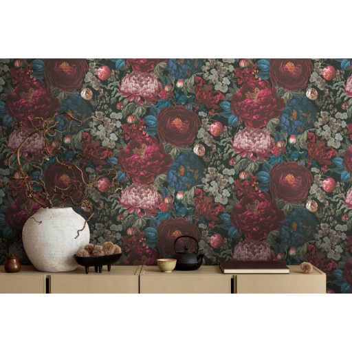 Vintage virágmintás design festményszerű részletgazdag kivitelezésben sötétzöld-fekete bordó-mélyvörös krémrózsaszín tengerkék tapéta