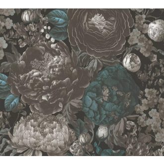   Vintage virágmintás design festményszerű részletgazdag kivitelezésben monokróm szürkés-ezüstös színvilág és türkiz tónus tapéta