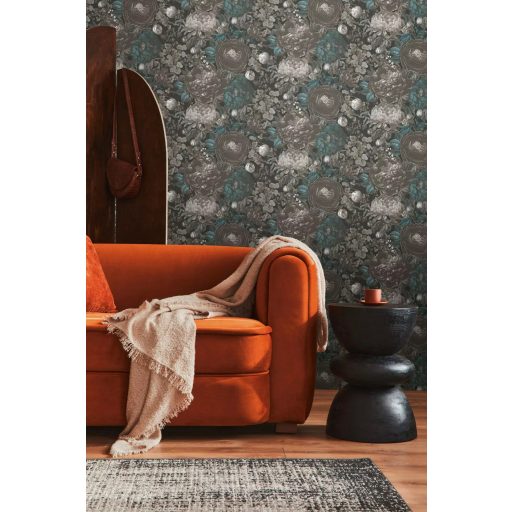 Vintage virágmintás design festményszerű részletgazdag kivitelezésben monokróm szürkés-ezüstös színvilág és türkiz tónus tapéta
