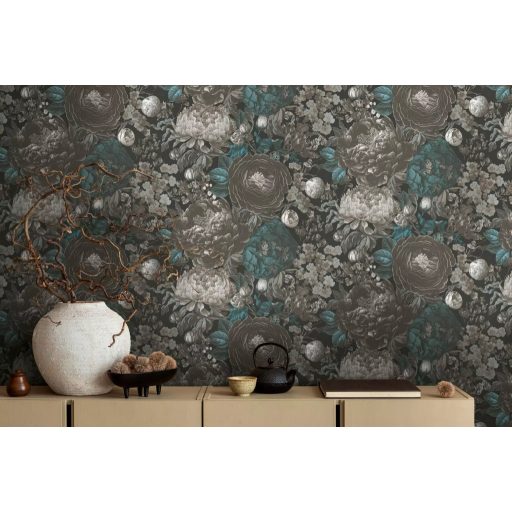 Vintage virágmintás design festményszerű részletgazdag kivitelezésben monokróm szürkés-ezüstös színvilág és türkiz tónus tapéta
