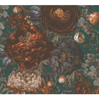   Vintage virágmintás design festményszerű részletgazdag kivitelezésben mély türkizzöld vörösesbarna szürkéslila és fehér tónus tapéta