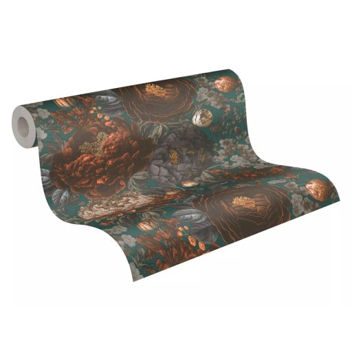 Vintage virágmintás design festményszerű részletgazdag kivitelezésben mély türkizzöld vörösesbarna szürkéslila és fehér tónus tapéta