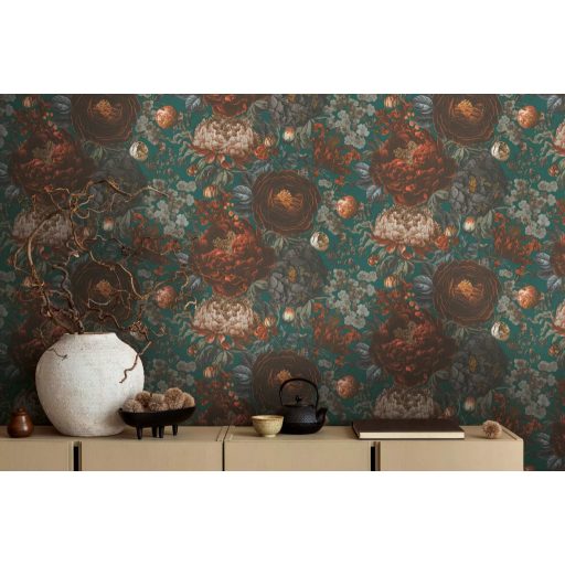 Vintage virágmintás design festményszerű részletgazdag kivitelezésben mély türkizzöld vörösesbarna szürkéslila és fehér tónus tapéta