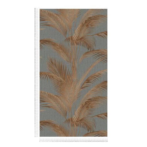 Harmonikus és elegáns vintage pálmalevél kompozíció szürke rozsdaszín és fémes arany tónus finom mintafény tapéta