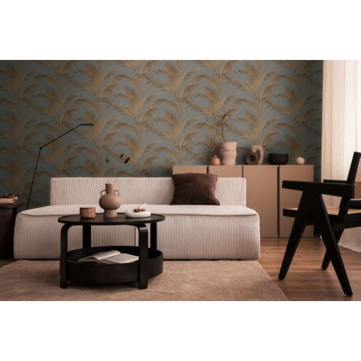 Harmonikus és elegáns vintage pálmalevél kompozíció szürke rozsdaszín és fémes arany tónus finom mintafény tapéta