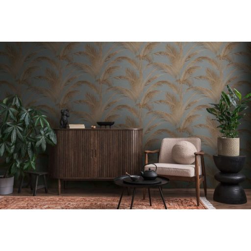Harmonikus és elegáns vintage pálmalevél kompozíció szürke rozsdaszín és fémes arany tónus finom mintafény tapéta