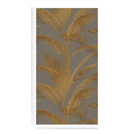 Harmonikus és elegáns vintage pálmalevél kompozíció szürke/sötétszürke és fémes arany tónus finom mintafény tapéta