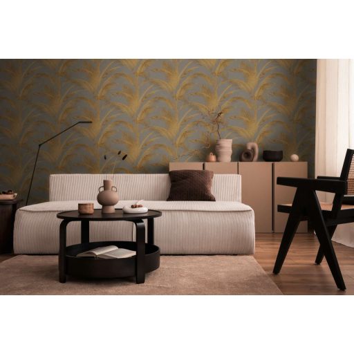 Harmonikus és elegáns vintage pálmalevél kompozíció szürke/sötétszürke és fémes arany tónus finom mintafény tapéta