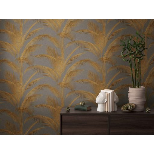 Harmonikus és elegáns vintage pálmalevél kompozíció szürke/sötétszürke és fémes arany tónus finom mintafény tapéta