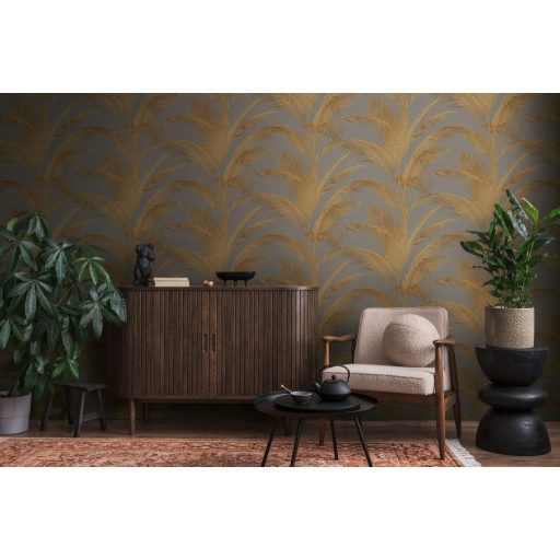 Harmonikus és elegáns vintage pálmalevél kompozíció szürke/sötétszürke és fémes arany tónus finom mintafény tapéta