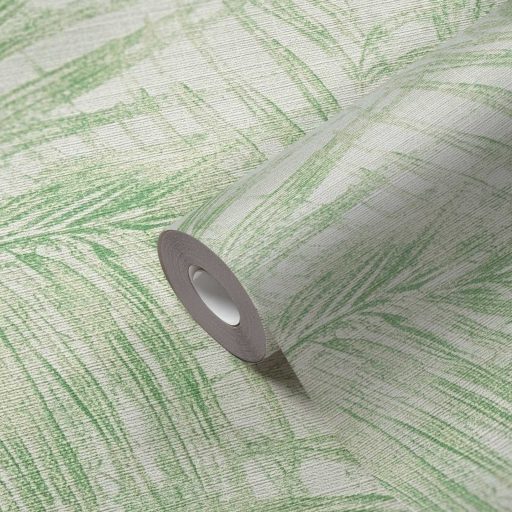 Pazar térbeli elhelyezkedésű vintage pálmalevél kompozíció krém és zöld tónus finom mintafény tapéta