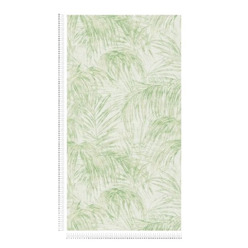Pazar térbeli elhelyezkedésű vintage pálmalevél kompozíció krém és zöld tónus finom mintafény tapéta