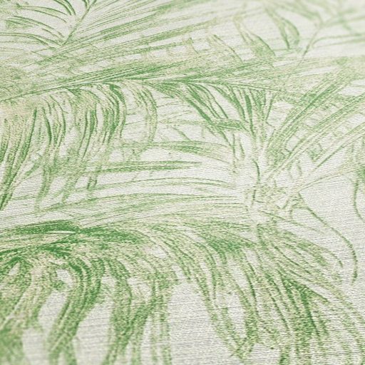Pazar térbeli elhelyezkedésű vintage pálmalevél kompozíció krém és zöld tónus finom mintafény tapéta