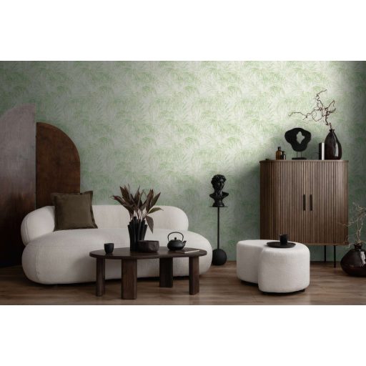 Pazar térbeli elhelyezkedésű vintage pálmalevél kompozíció krém és zöld tónus finom mintafény tapéta