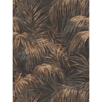   Pazar térbeli elhelyezkedésű vintage pálmalevél kompozíció sötétbarna/fekete bézs szürke és aranybarna tónus finom mintafény tapéta
