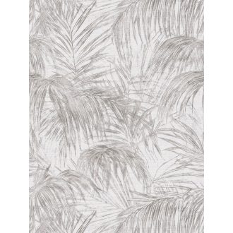   Pazar térbeli elhelyezkedésű vintage pálmalevél kompozíció törtfehér és szürke tónus finom mintafény tapéta
